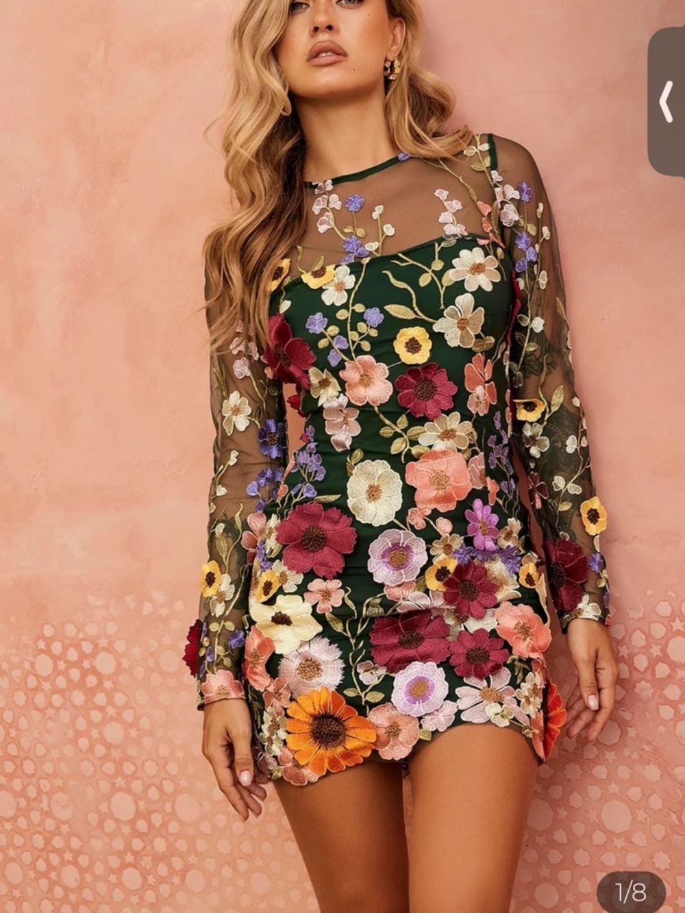 Floral Embroidered Green Mesh Sheath Dress - Women